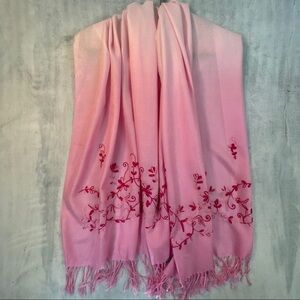 Embroidered Shawl Wool / Viscose Scarf with Fringe Pink and Red 70 inches long